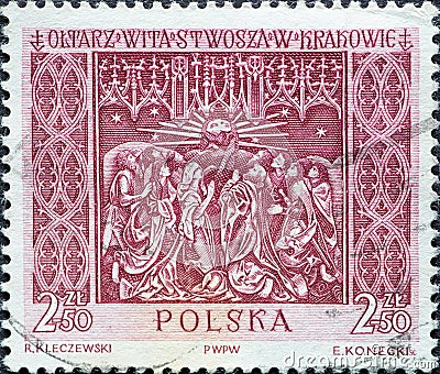 POLAND-CIRCA 1960 : A post stamp printed in Poland showing Sections of the Great Altar in Saint Mary`s Church in KrakÃ³w, Sculptur Editorial Stock Photo