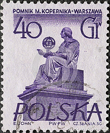 POLAND-CIRCA 1955 : A post stamp printed in Poland showing a Warsaw Statues Mikolaj Kopernik Sculpture Monument to Copernicus wit Editorial Stock Photo