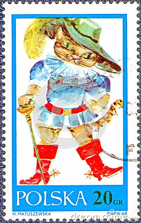 Postage stamp printed in Poland with a picture of `Cat in boots`. The hero of a fairy tale by Charles Perrault. Editorial Stock Photo