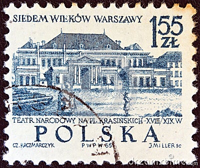 POLAND - CIRCA 1965: A stamp printed in Poland issued for the 700th anniversary of Warsaw shows the National Theatre, circa 1965. Editorial Stock Photo