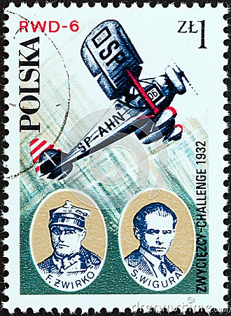 POLAND - CIRCA 1978: A stamp printed in Poland shows Franciszek Zwirko and Stanislaw Wigura with RWD-6 aircraft, circa 1978. Editorial Stock Photo