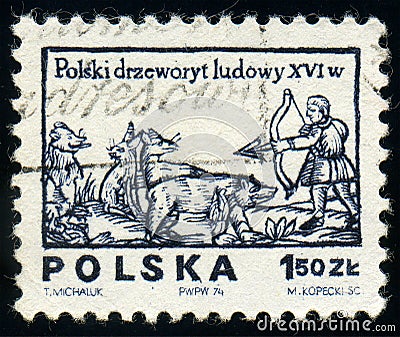 Stamp printed in Poland shows Hunter with bow and arrow, Polish folklore. Designs from 16th-century woodcuts Editorial Stock Photo