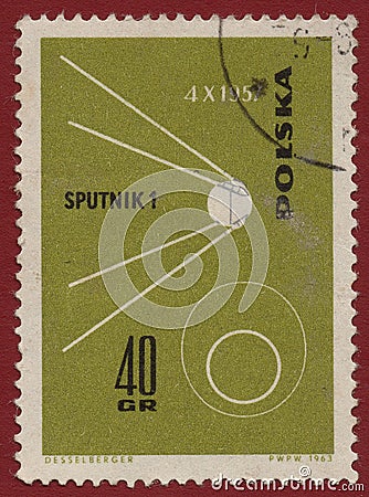 POLAND - CIRCA 1963: A stamp printed by Poland shows that Sputnik 1 was the first artificial Earth satellite launched by the USSR Editorial Stock Photo