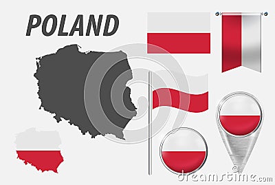 POLAND. Collection of symbols in colors national flag on various objects isolated on white background. Flag, pointer, button, Stock Photo