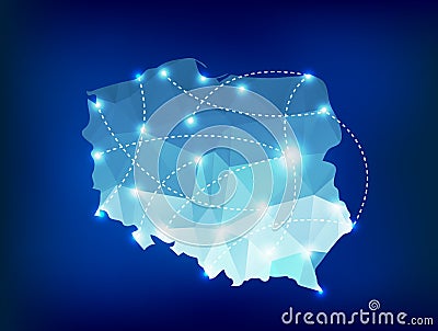 Poland country map polygonal with spot lights plac Vector Illustration