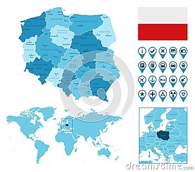 Poland detailed administrative blue map with country flag and location on the world map. Vector Illustration