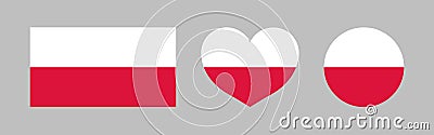 Poland flag. Polish icon. Official flag of poland. White-red round, heart and square shapes. Isolated button, emblem and label for Stock Photo