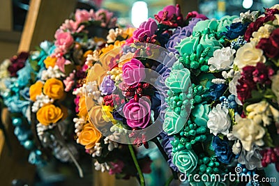Poland hoops on the head, made of multicolored artificial flowers souvenir products, handmade, accessories for women, children, Stock Photo