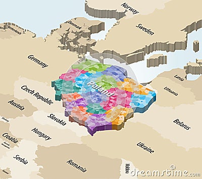 Poland isometric map with administrative divisions colored by regions(voivodeships) with neighbouring countries Vector Illustration