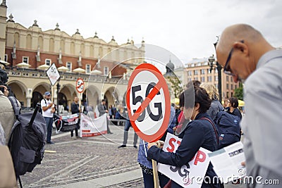 Poland, Krakow. 09/26/2020 Protest against 5G towers, rally against Wi-Fi Editorial Stock Photo