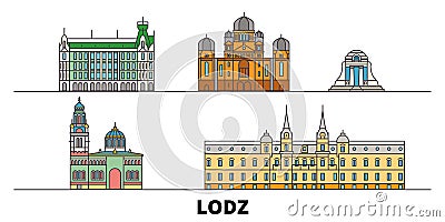 Poland, Lodz flat landmarks vector illustration. Poland, Lodz line city with famous travel sights, skyline, design. Vector Illustration