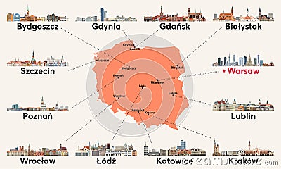 Poland map with main cities skylines. Vector illustration Vector Illustration