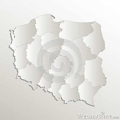 Poland map separates regions and names individual region, card paper 3D natural blank Stock Photo