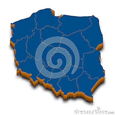 Poland map vector. High detailed administrative 3D map of Poland with dropped shadow. Vector blue isometric silhouette with admini Vector Illustration