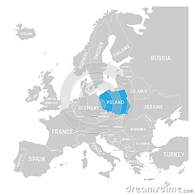 Poland marked by blue in grey political map of Europe. Vector illustration Vector Illustration