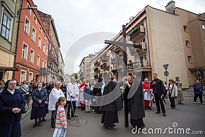 POLAND - participants of the Way of the Cross on Good Friday celebrated at the historic center Editorial Stock Photo
