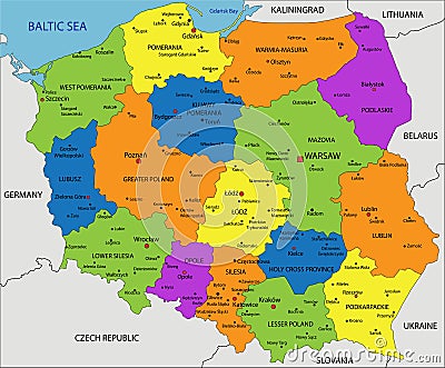 Colorful Poland political map with clearly labeled, separated layers. Vector Illustration