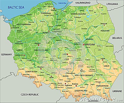 High detailed Poland physical map with labeling. Vector Illustration