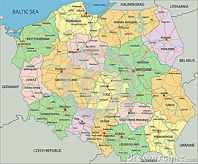 Poland - Highly detailed editable political map with labeling. Vector Illustration