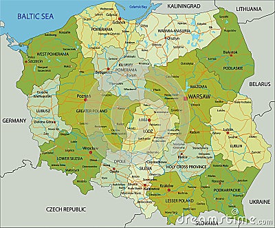 Highly detailed editable political map with separated layers. Poland. Vector Illustration