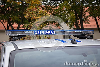 Poland, Poznan -October 1, 2016. Policja - sign Polish police on the car. Editorial Stock Photo