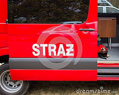 Poland, Poznan -October 1, 2016. Straz pozarna - sign Polish firefighters on the vehicle. Editorial Stock Photo