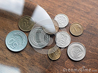 Poland's currency, zloty and groszy, under magnifying glass on the wooden table. Local European currencies Stock Photo