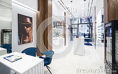 Poland, Slupsk 2022 - luxurious eyeglasses retail shop interior Editorial Stock Photo