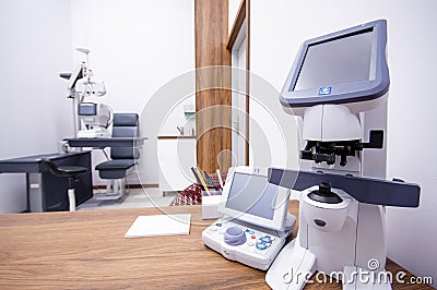 Poland, Slupsk 2022 - optometrist specialized eyesight diagnosis equipment Editorial Stock Photo