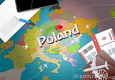 Poland travel concept map background with planes,tickets. Visit Stock Photo