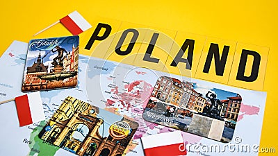 Poland travel destination, polish flag, magnets from Warsaw, Gdansk Lodz, world map Stock Photo