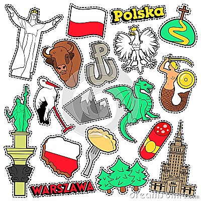 Poland Travel Scrapbook Stickers, Patches, Badges for Prints with Syrenka, Eagle and Polish Elements Vector Illustration