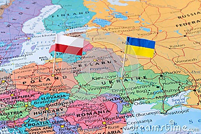 Poland and Ukraine map with flag pins, political relations concept image Stock Photo