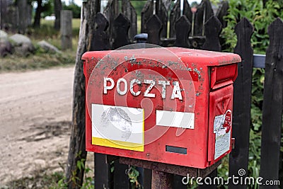 2019-06-22 Poland, Vintage polish red post box, polish village, old wall Editorial Stock Photo