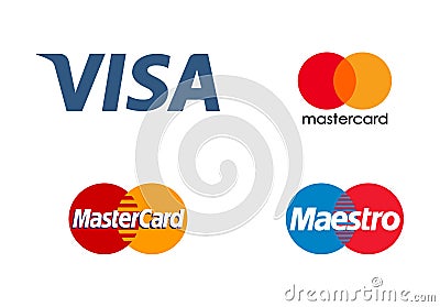 POLAND, WROCLAW - JULY 22, 2022: Collection of badges of the Visa, MASTERCARD and MAESTRO international payment system. Vector Vector Illustration