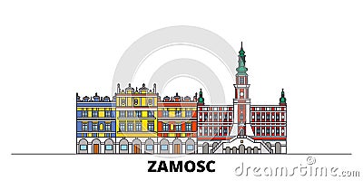 Poland, Zamosc flat landmarks vector illustration. Poland, Zamosc line city with famous travel sights, skyline, design. Vector Illustration