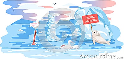 Polar animals ask for help during global warming. Melting glaciers due to climate chage concept Vector Illustration