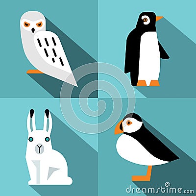 Polar animals in flat style with long shadow Vector Illustration