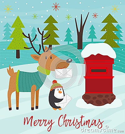 Polar animals send letters to Santa Claus Vector Illustration