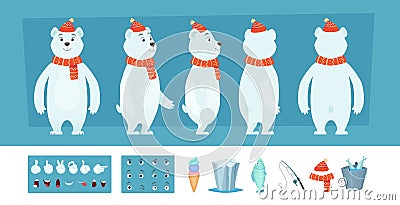 Polar bear animation. White wild animal body parts and different faces vector character creation kit Vector Illustration