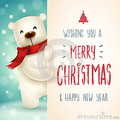 Polar Bear with big signboard. Merry Christmas calligraphy lettering design. Creative typography for holiday greeting. Vector Illustration