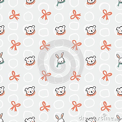 Polar Bear Bunny Rabbit Scarf Bow Ribbon Christmas Circle Seamless Pattern Vector Illustration