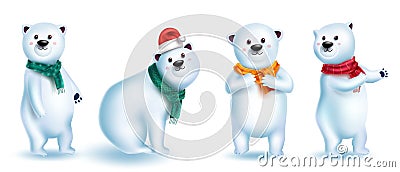 Polar bear characters vector set design. Christmas snow bears 3d character in cute and friendly pose and gestures for xmas winter. Vector Illustration