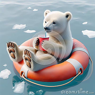 Polar Bear Cub Floating On Orange Lifebuoy Stock Photo