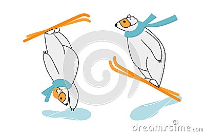 Polar bear freestyle skiing. Funny mascot ski jumping and ski freestyle over the springboard Vector Illustration