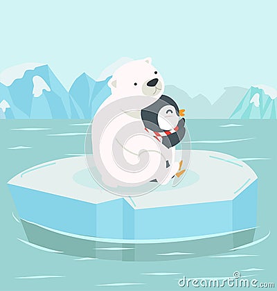 Polar bear hug penguin on an iceberg at North pole Arctic Vector Illustration