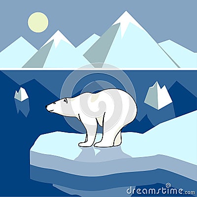 Polar bear on an ice floe, polar landscape. Vector Illustration