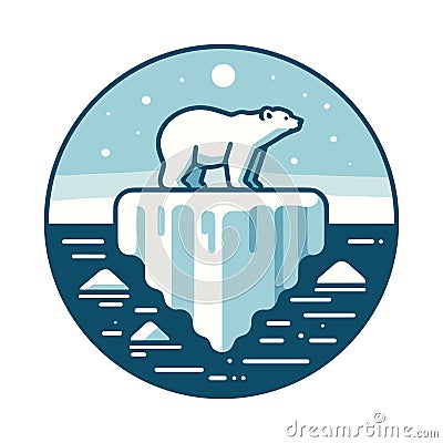 Polar bear on Iceberg on blue circular background. Climate crisis emblem. Vector Illustration