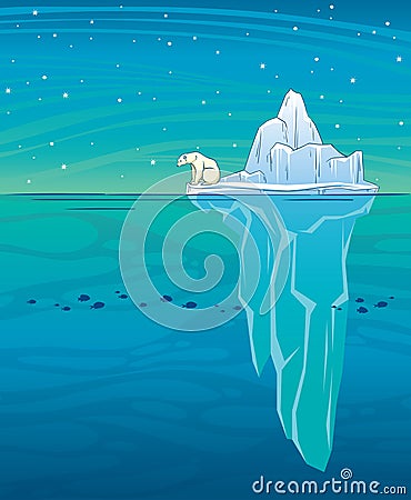 Polar bear. iceberg, ocean and night sky. Vector Illustration