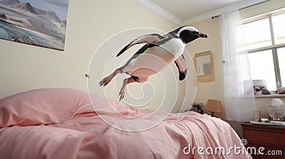 Penguin Jumping On Bed: Candid Photojournalism With Hyperrealistic Accuracy Stock Photo